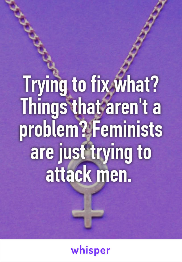 Trying to fix what? Things that aren't a problem? Feminists are just trying to attack men. 