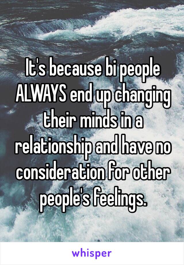 It's because bi people ALWAYS end up changing their minds in a relationship and have no consideration for other people's feelings. 