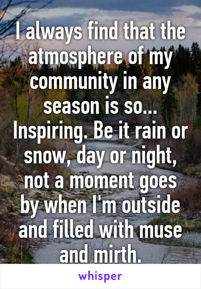 I always find that the atmosphere of my community in any season is so... Inspiring. Be it rain or snow, day or night, not a moment goes by when I'm outside and filled with muse and mirth.