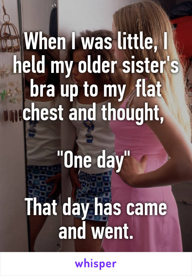 When I was little, I held my older sister's bra up to my  flat chest and thought, 

"One day" 

That day has came and went.