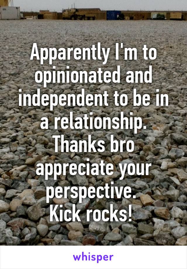 Apparently I'm to opinionated and independent to be in a relationship. Thanks bro appreciate your perspective. 
Kick rocks! 