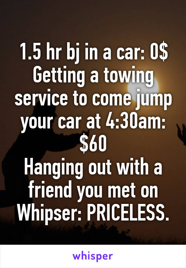 1.5 hr bj in a car: 0$
Getting a towing service to come jump your car at 4:30am: $60
Hanging out with a friend you met on Whipser: PRICELESS.