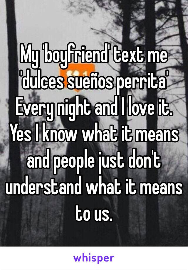 My 'boyfriend' text me
'dulces sueños perrita'
Every night and I love it.
Yes I know what it means and people just don't understand what it means to us. 