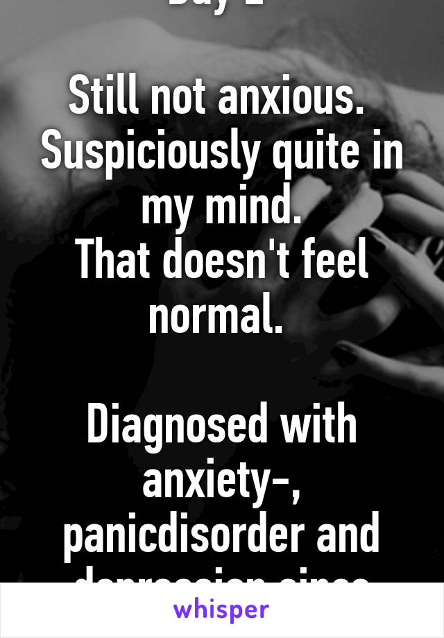 Day 2 

Still not anxious. 
Suspiciously quite in my mind.
That doesn't feel normal. 

Diagnosed with anxiety-, panicdisorder and depression since 2013