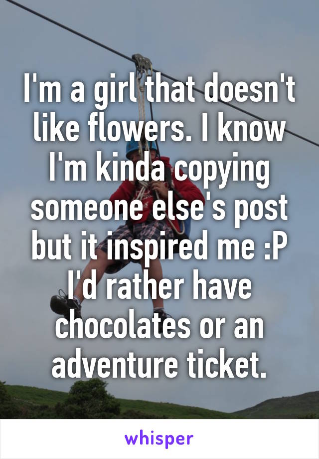 I'm a girl that doesn't like flowers. I know I'm kinda copying someone else's post but it inspired me :P
I'd rather have chocolates or an adventure ticket.