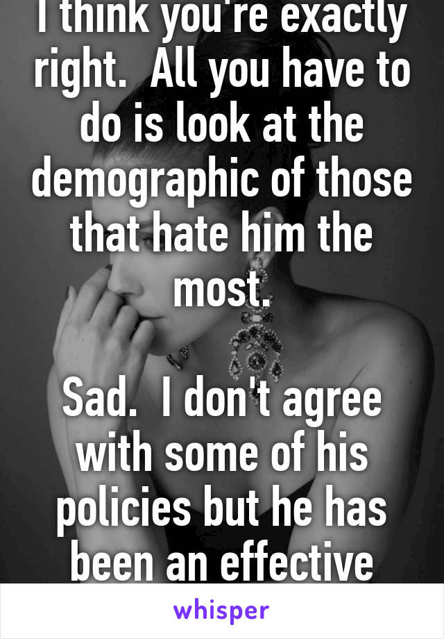 I think you're exactly right.  All you have to do is look at the demographic of those that hate him the most.

Sad.  I don't agree with some of his policies but he has been an effective President.