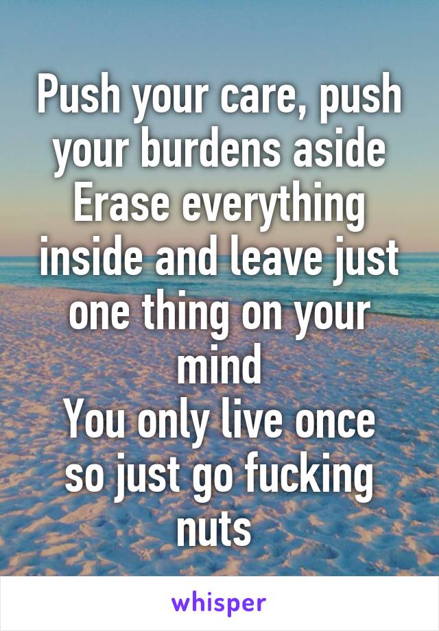 Push your care, push your burdens aside
Erase everything inside and leave just one thing on your mind
You only live once so just go fucking nuts 