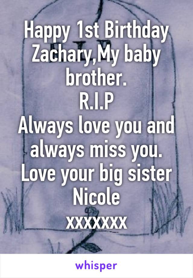 Happy 1st Birthday Zachary,My baby brother.
R.I.P
Always love you and always miss you.
Love your big sister
Nicole
xxxxxxx
