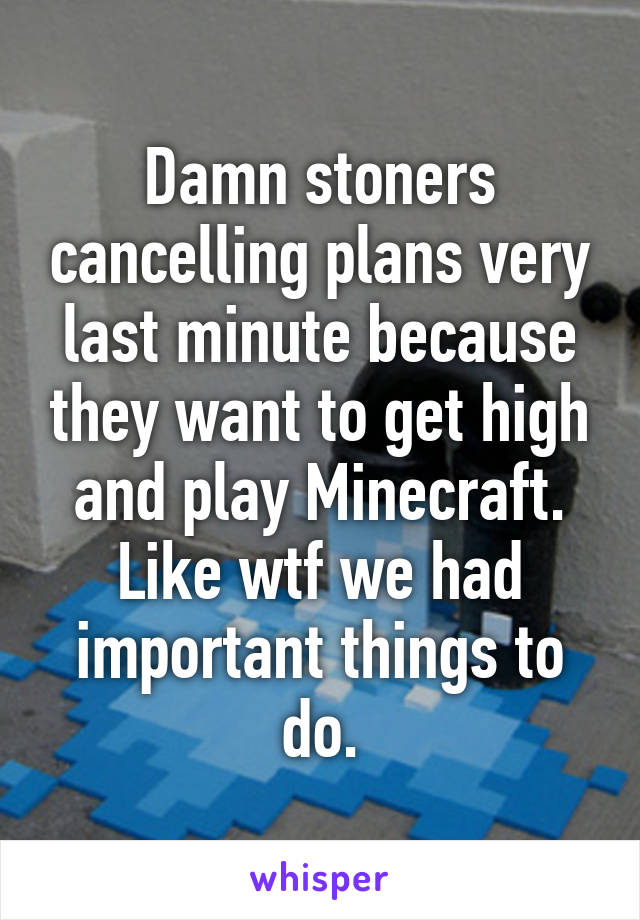 Damn stoners cancelling plans very last minute because they want to get high and play Minecraft. Like wtf we had important things to do.