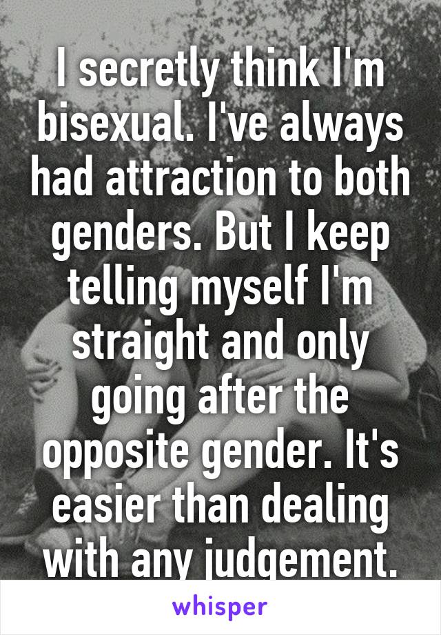 I secretly think I'm bisexual. I've always had attraction to both genders. But I keep telling myself I'm straight and only going after the opposite gender. It's easier than dealing with any judgement.