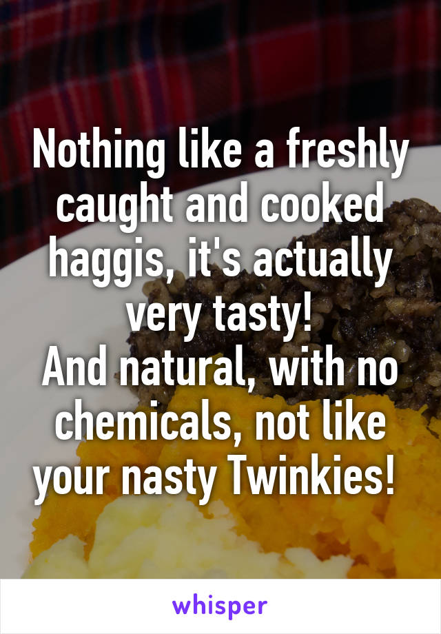 Nothing like a freshly caught and cooked haggis, it's actually very tasty!
And natural, with no chemicals, not like your nasty Twinkies! 