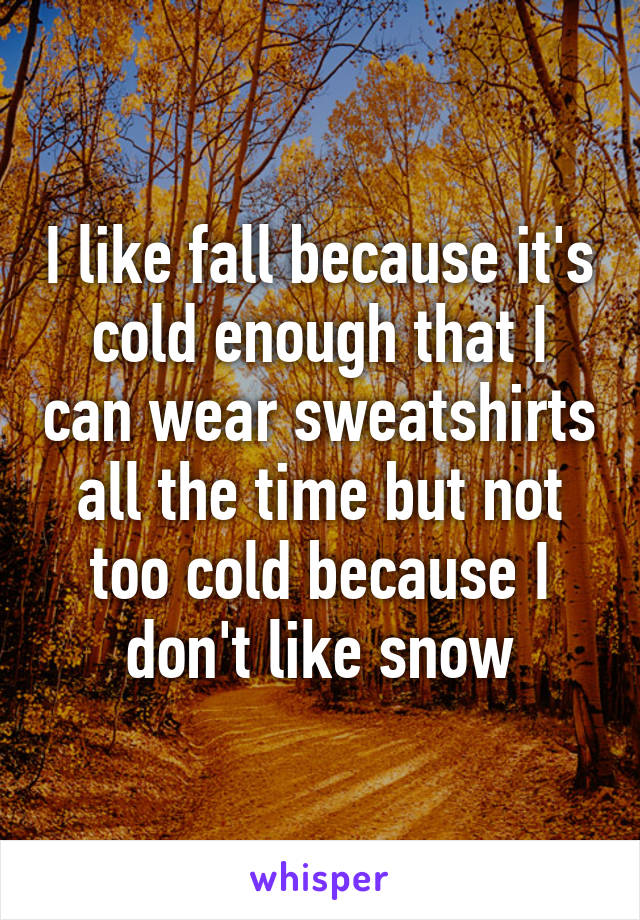 I like fall because it's cold enough that I can wear sweatshirts all the time but not too cold because I don't like snow