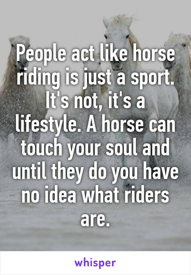 People act like horse riding is just a sport. It's not, it's a lifestyle. A horse can touch your soul and until they do you have no idea what riders are.