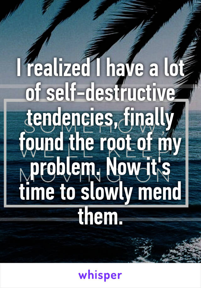 I realized I have a lot of self-destructive tendencies, finally found the root of my problem. Now it's time to slowly mend them.