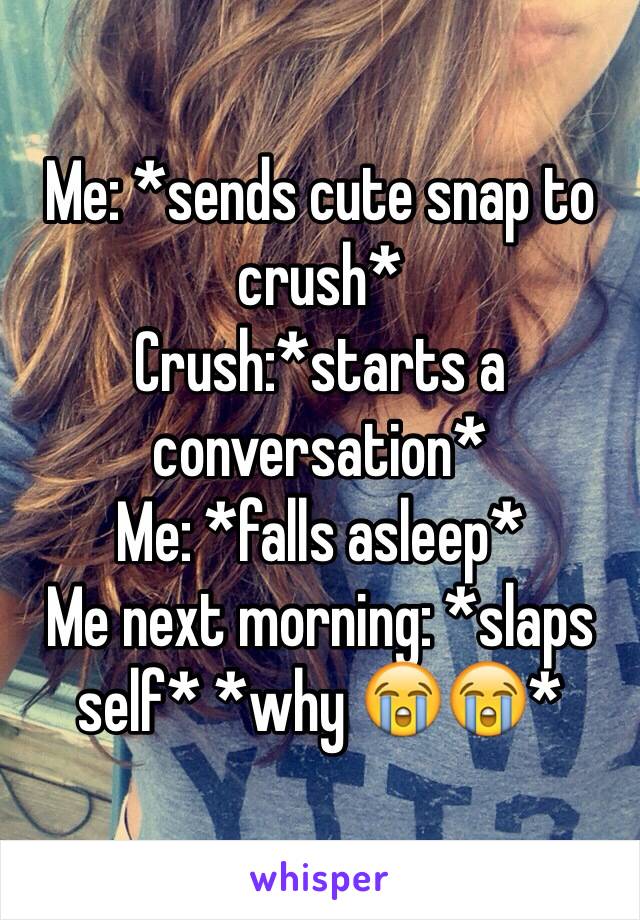 Me: *sends cute snap to crush* 
Crush:*starts a conversation*
Me: *falls asleep*
Me next morning: *slaps self* *why 😭😭*