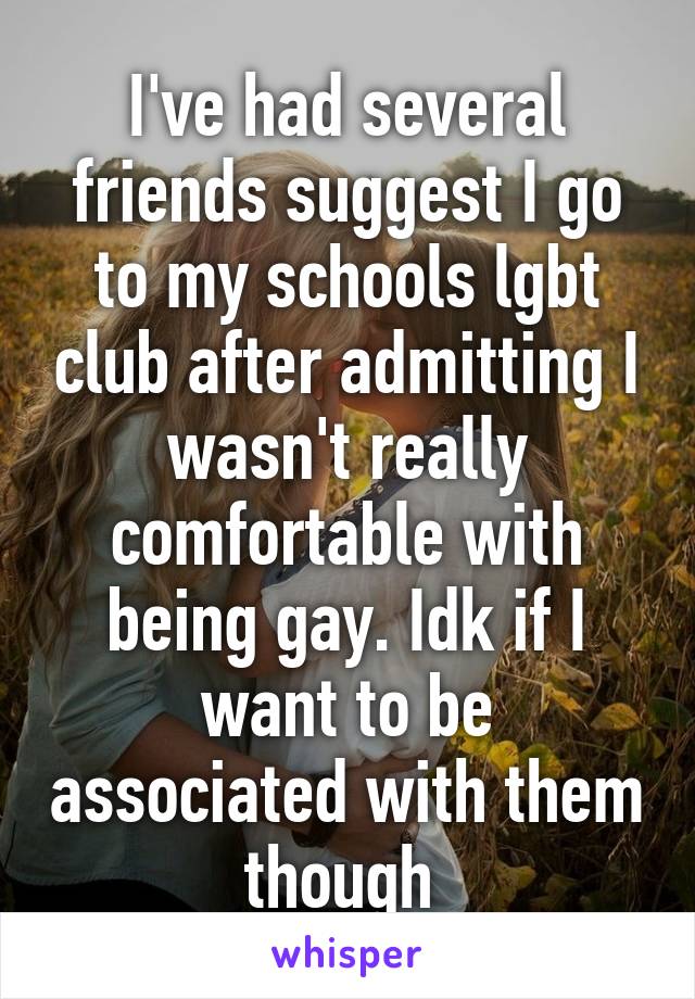 I've had several friends suggest I go to my schools lgbt club after admitting I wasn't really comfortable with being gay. Idk if I want to be associated with them though 