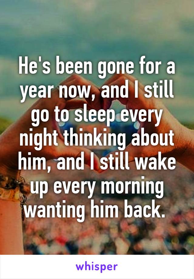 He's been gone for a year now, and I still go to sleep every night thinking about him, and I still wake up every morning wanting him back. 