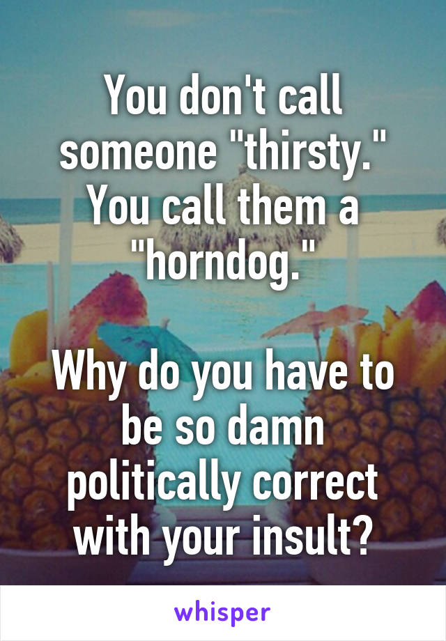 You don't call someone "thirsty." You call them a "horndog."

Why do you have to be so damn politically correct with your insult?