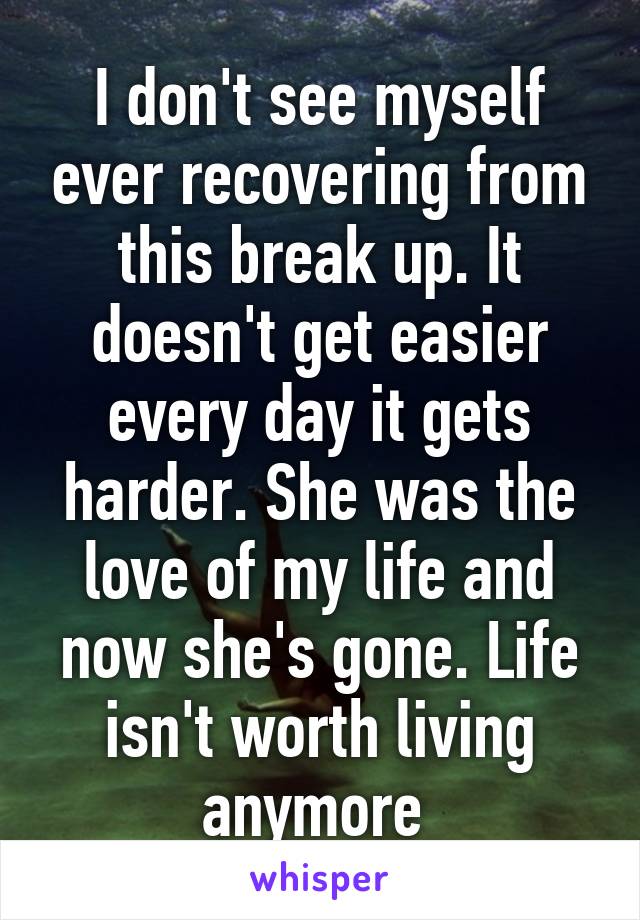 I don't see myself ever recovering from this break up. It doesn't get easier every day it gets harder. She was the love of my life and now she's gone. Life isn't worth living anymore 