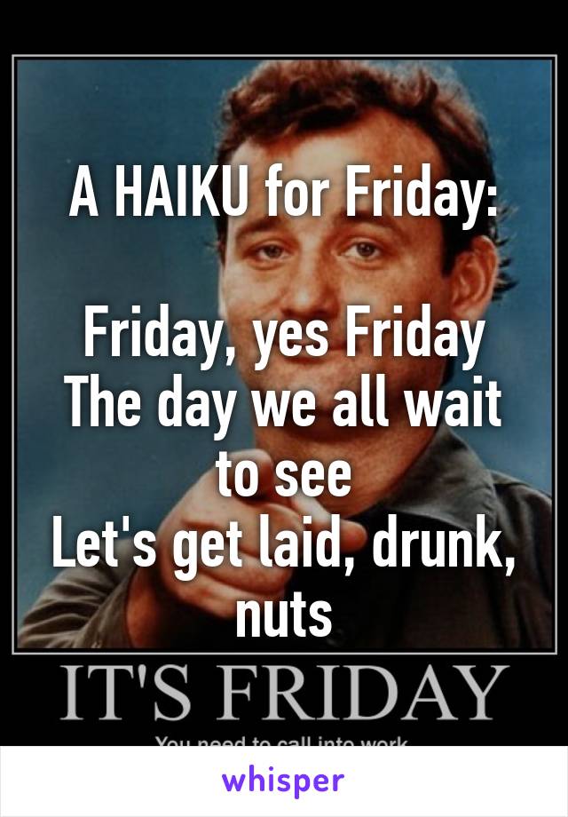 A HAIKU for Friday:

Friday, yes Friday
The day we all wait to see
Let's get laid, drunk, nuts