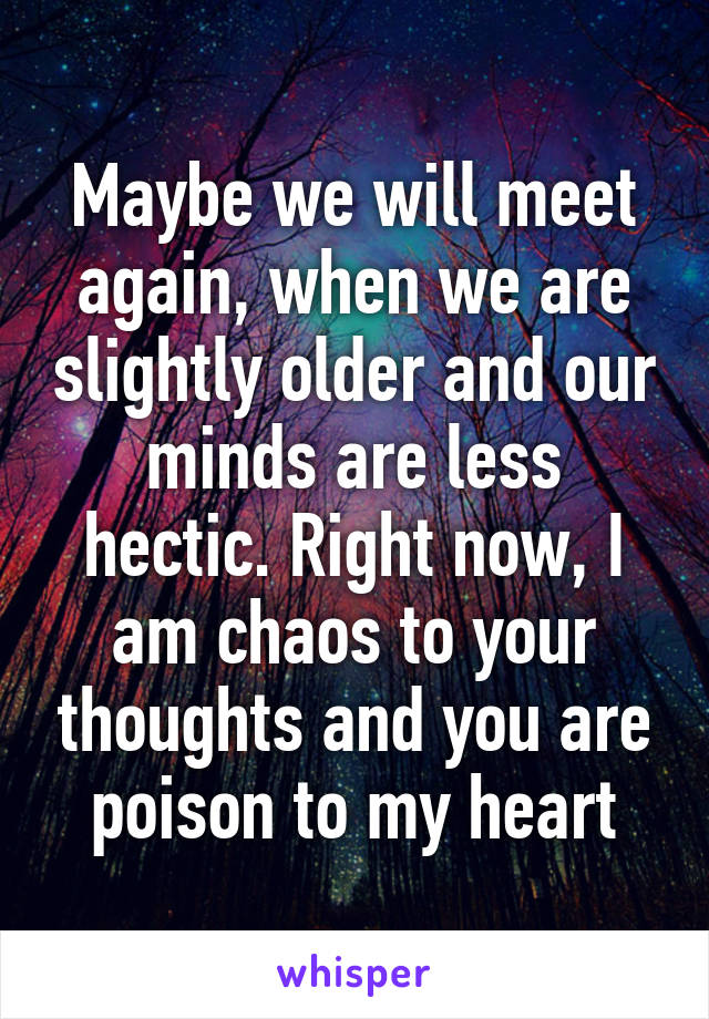 Maybe we will meet again, when we are slightly older and our minds are less hectic. Right now, I am chaos to your thoughts and you are poison to my heart