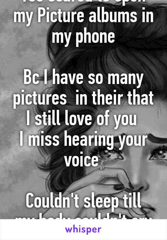 Too scared to open my Picture albums in my phone

Bc I have so many pictures  in their that I still love of you 
I miss hearing your voice 

Couldn't sleep till my body couldn't cry no more  