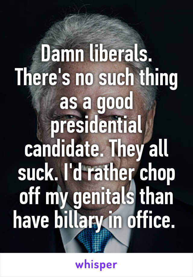 Damn liberals. There's no such thing as a good presidential candidate. They all suck. I'd rather chop off my genitals than have billary in office. 