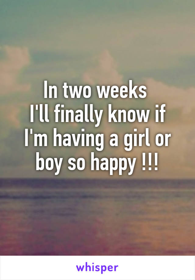 In two weeks 
I'll finally know if I'm having a girl or boy so happy !!!
