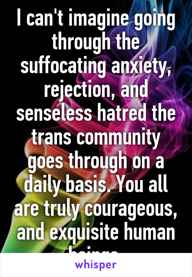 I can't imagine going through the suffocating anxiety, rejection, and senseless hatred the trans community goes through on a daily basis. You all are truly courageous, and exquisite human beings.