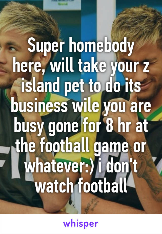 Super homebody here, will take your z island pet to do its business wile you are busy gone for 8 hr at the football game or whatever:) i don't watch football