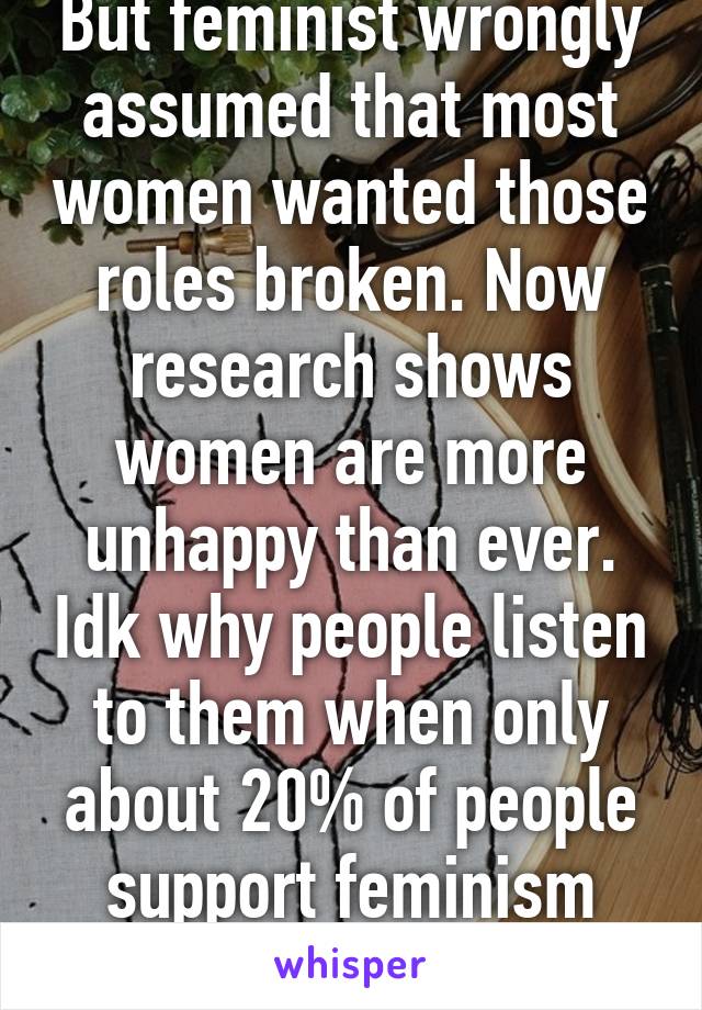 But feminist wrongly assumed that most women wanted those roles broken. Now research shows women are more unhappy than ever. Idk why people listen to them when only about 20% of people support feminism (US) 