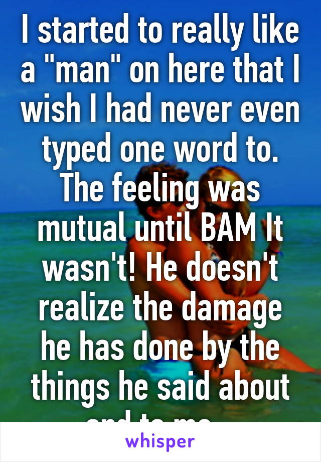 I started to really like a "man" on here that I wish I had never even typed one word to. The feeling was mutual until BAM It wasn't! He doesn't realize the damage he has done by the things he said about and to me.  