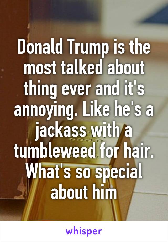 Donald Trump is the most talked about thing ever and it's annoying. Like he's a jackass with a tumbleweed for hair. What's so special about him