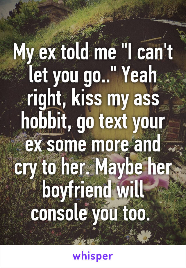 My ex told me "I can't let you go.." Yeah right, kiss my ass hobbit, go text your ex some more and cry to her. Maybe her boyfriend will console you too. 