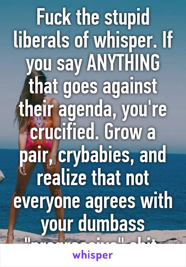 Fuck the stupid liberals of whisper. If you say ANYTHING that goes against their agenda, you're crucified. Grow a pair, crybabies, and realize that not everyone agrees with your dumbass "progressive" shit.