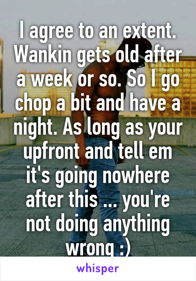 I agree to an extent. Wankin gets old after a week or so. So I go chop a bit and have a night. As long as your upfront and tell em it's going nowhere after this ... you're not doing anything wrong :)