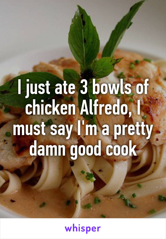 I just ate 3 bowls of chicken Alfredo, I must say I'm a pretty damn good cook