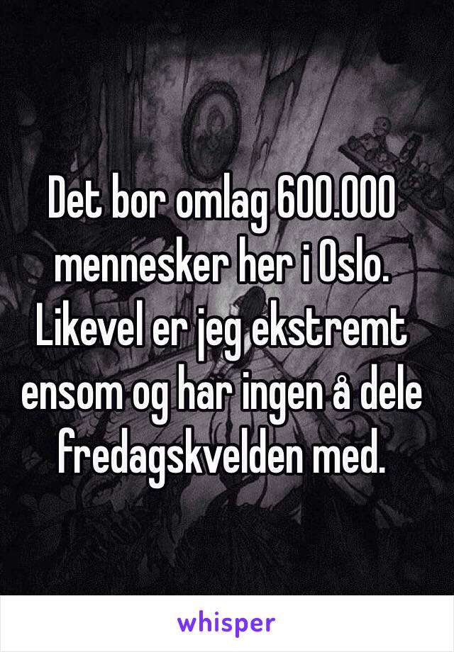 Det bor omlag 600.000 mennesker her i Oslo. Likevel er jeg ekstremt ensom og har ingen å dele fredagskvelden med.