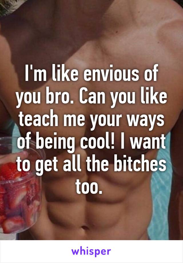 I'm like envious of you bro. Can you like teach me your ways of being cool! I want to get all the bitches too. 