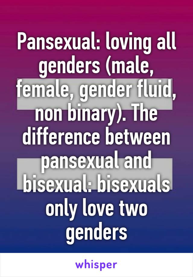 Pansexual: loving all genders (male, female, gender fluid, non binary). The difference between pansexual and bisexual: bisexuals only love two genders