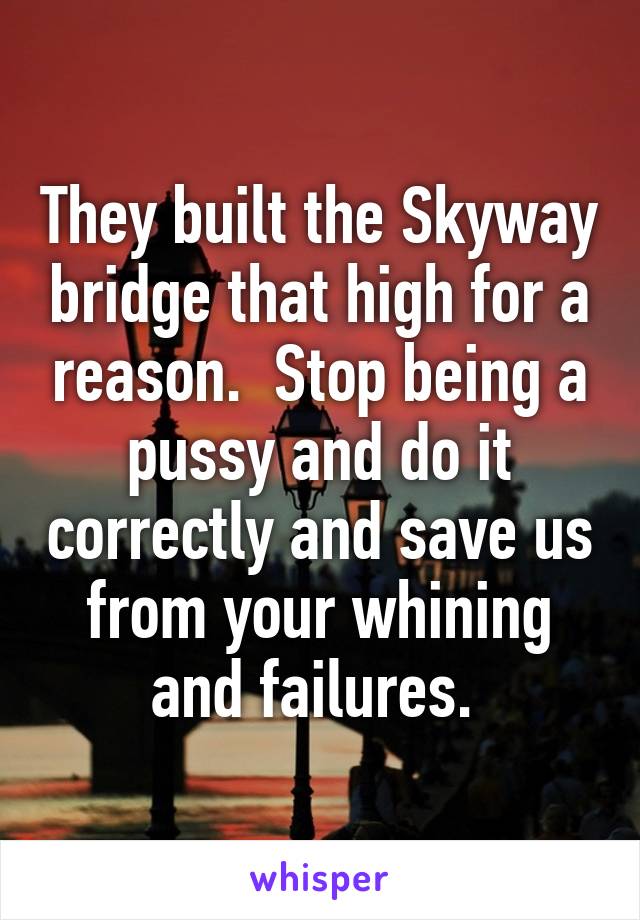 They built the Skyway bridge that high for a reason.  Stop being a pussy and do it correctly and save us from your whining and failures. 