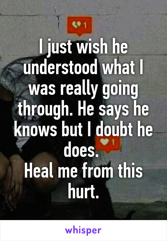 I just wish he understood what I was really going through. He says he knows but I doubt he does. 
Heal me from this hurt.