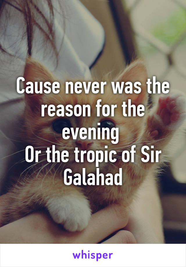 Cause never was the reason for the evening 
Or the tropic of Sir Galahad