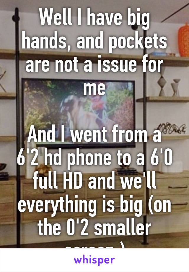 Well I have big hands, and pockets are not a issue for me

And I went from a 6'2 hd phone to a 6'0 full HD and we'll everything is big (on the 0'2 smaller screen )