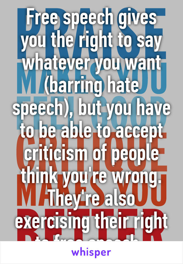 Free speech gives you the right to say whatever you want (barring hate speech), but you have to be able to accept criticism of people think you're wrong. They're also exercising their right to free speech. 