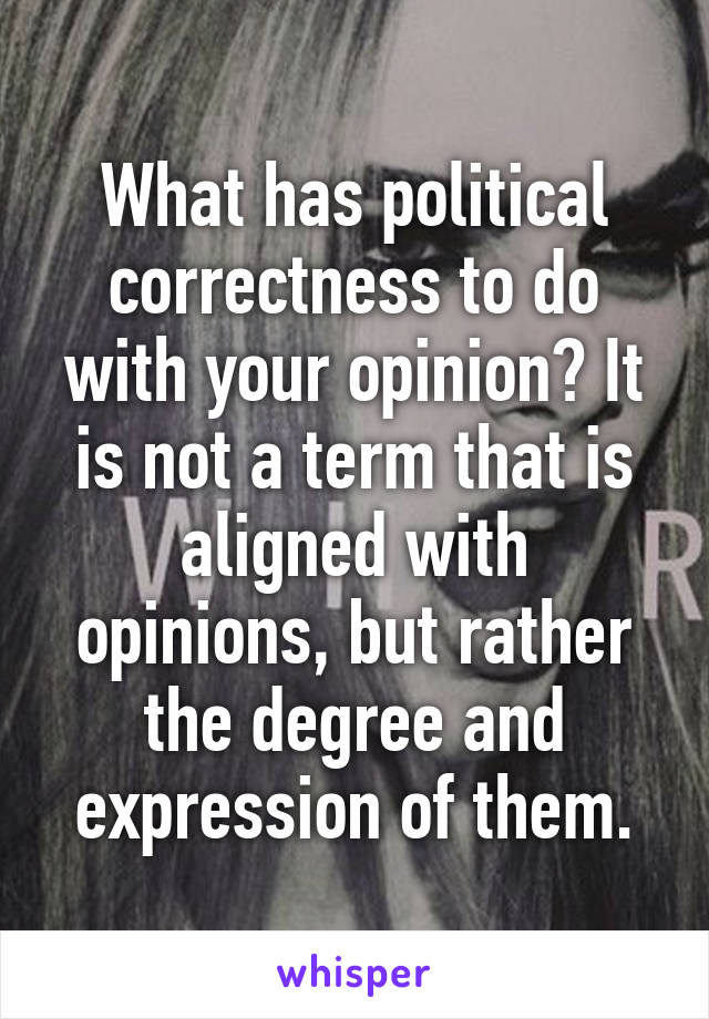 What has political correctness to do with your opinion? It is not a term that is aligned with opinions, but rather the degree and expression of them.