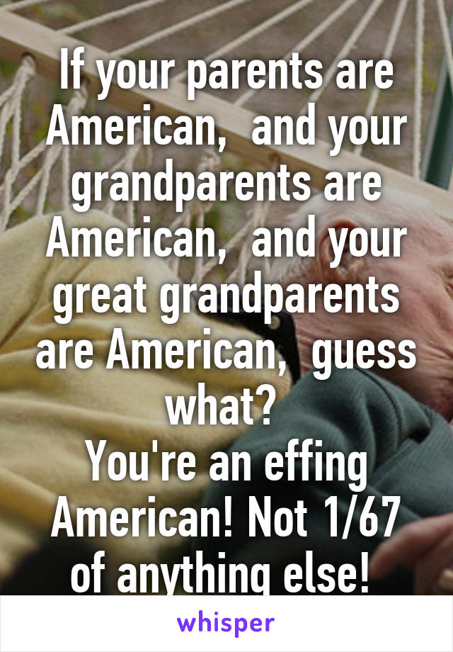 If your parents are American,  and your grandparents are American,  and your great grandparents are American,  guess what? 
You're an effing American! Not 1/67 of anything else! 