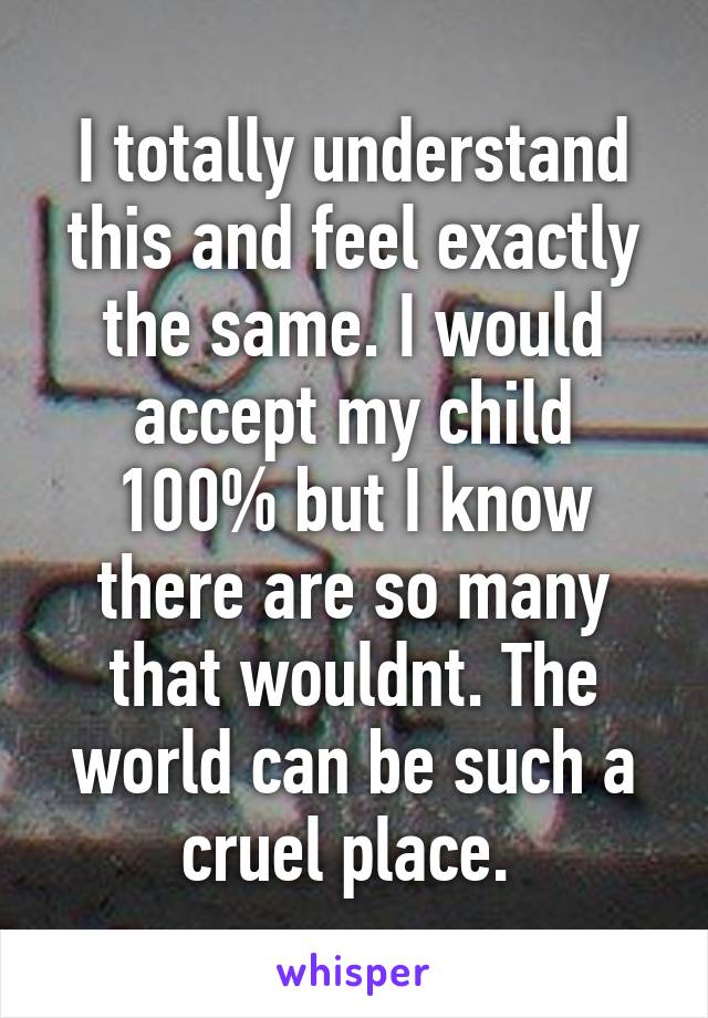 I totally understand this and feel exactly the same. I would accept my child 100% but I know there are so many that wouldnt. The world can be such a cruel place. 