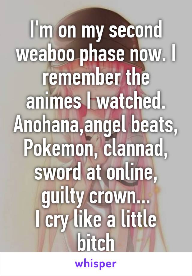 I'm on my second weaboo phase now. I remember the animes I watched. Anohana,angel beats, Pokemon, clannad, sword at online, guilty crown...
I cry like a little bitch