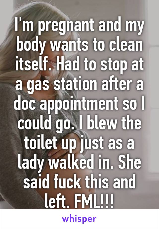 I'm pregnant and my body wants to clean itself. Had to stop at a gas station after a doc appointment so I could go. I blew the toilet up just as a lady walked in. She said fuck this and left. FML!!!